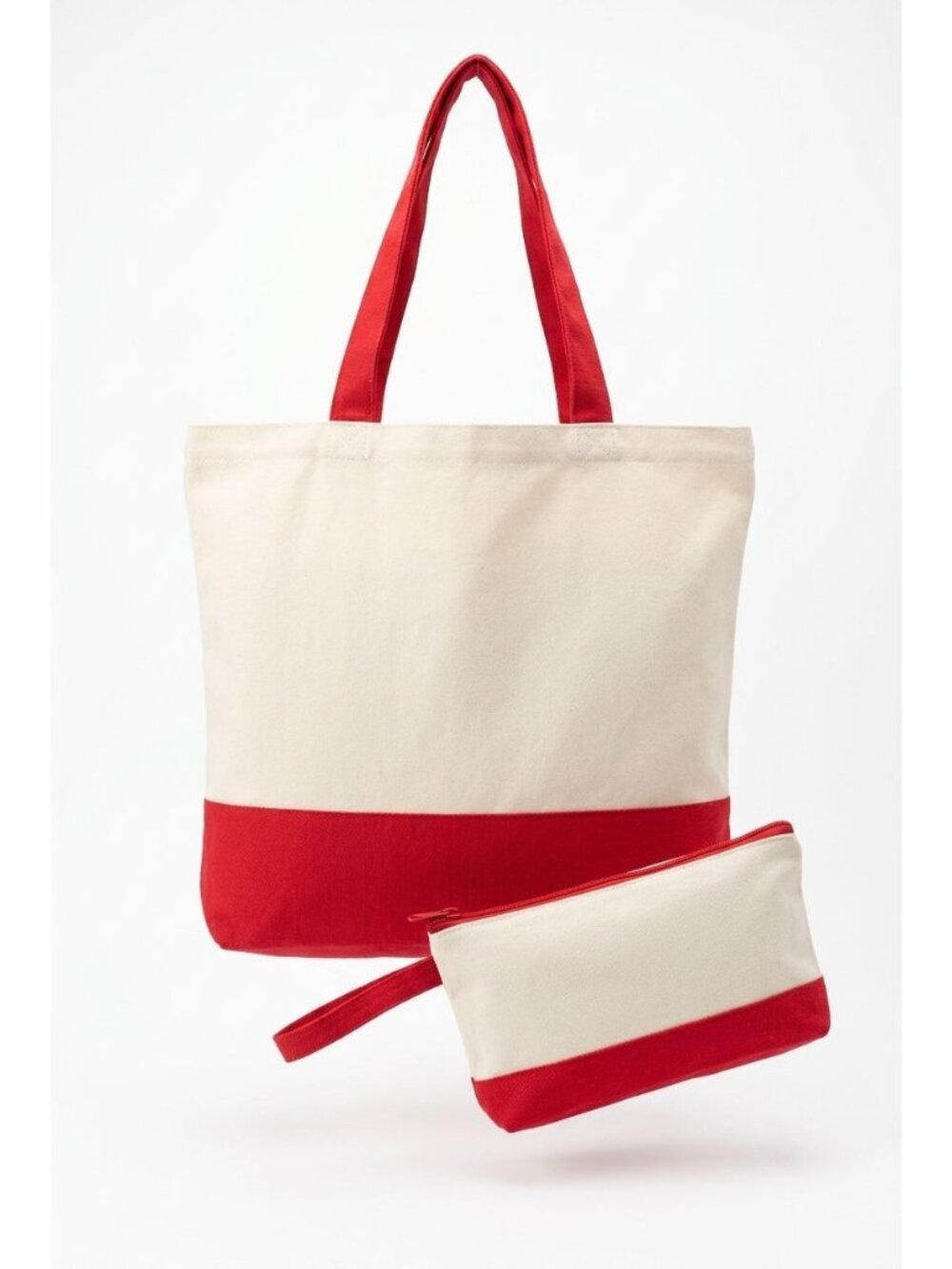 NWT - Canvas Tote Bag With Matching Zipper Pouch - Red & Tan Colorblock Design